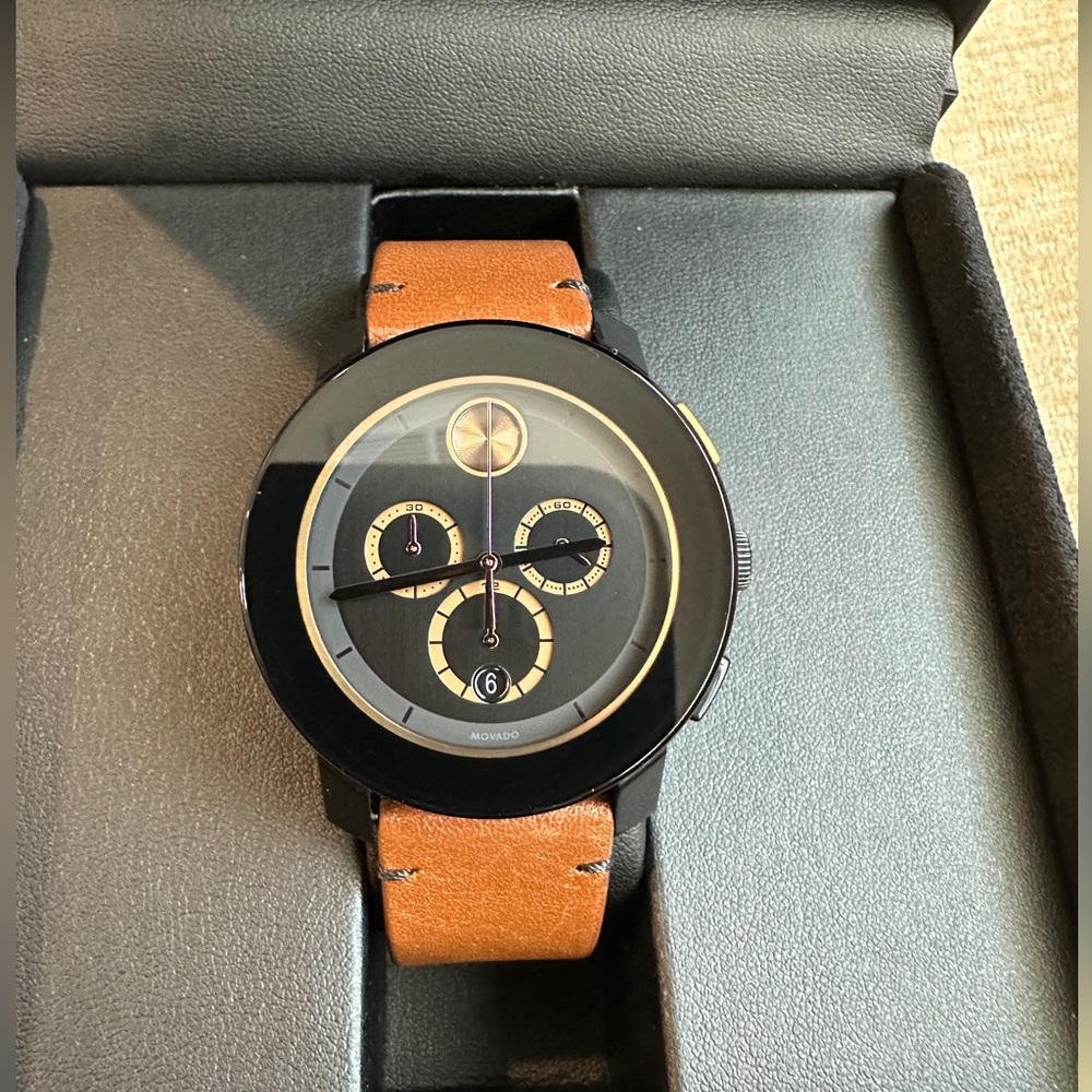 MOVADO Bold 3600348 Chronograph Black Dial Cognac Leather Strap Men's Watch